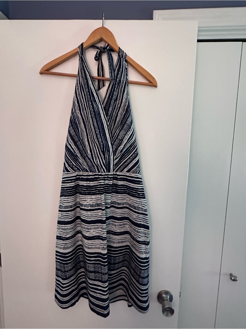 Athleta Navy and White Halter Stripe Dress